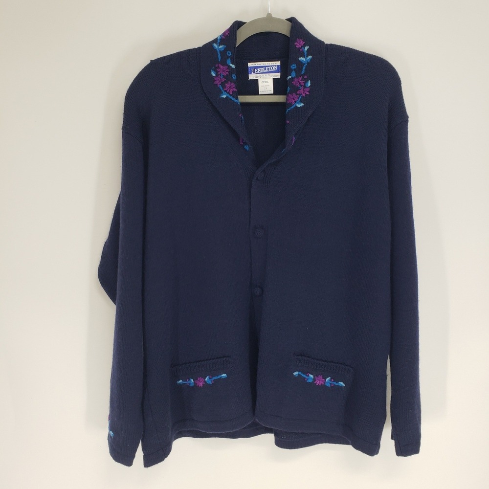 Pendleton Floral Embroidered Wool Cardigan Sweater Women 2X Navy Shawl Collar